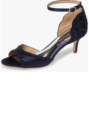 XYD Navy Sandals, Chic Peep Toe, D'Orsay Kitten Low Heels, Rhinestone Shoes